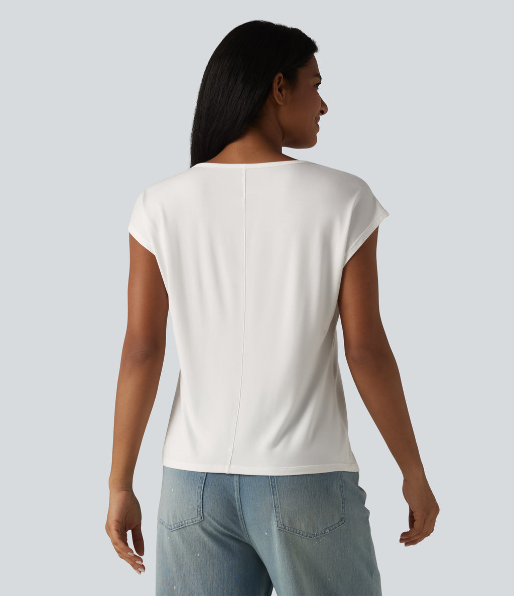 U-Neck Short Sleeve Casual T-Shirt — White — view 2
