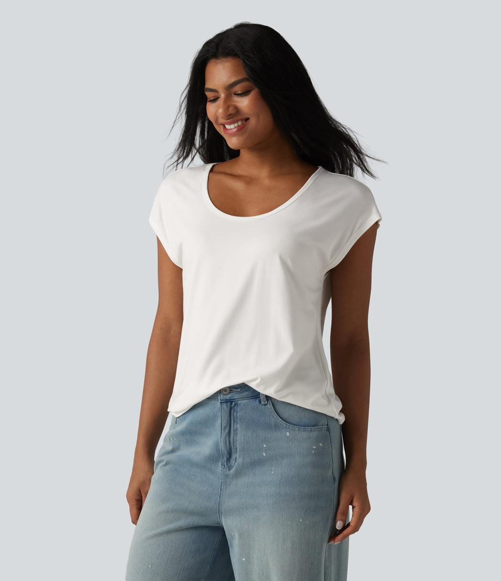 U-Neck Short Sleeve Casual T-Shirt — White — view 3