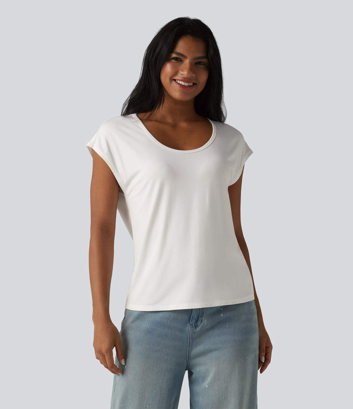 U-Neck Short Sleeve Casual T-Shirt — White — view 4