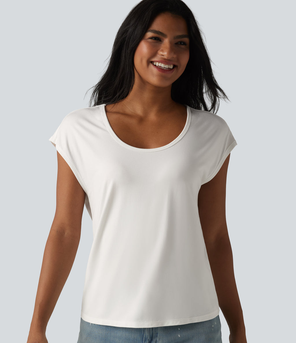 U-Neck Short Sleeve Casual T-Shirt — White — view 5
