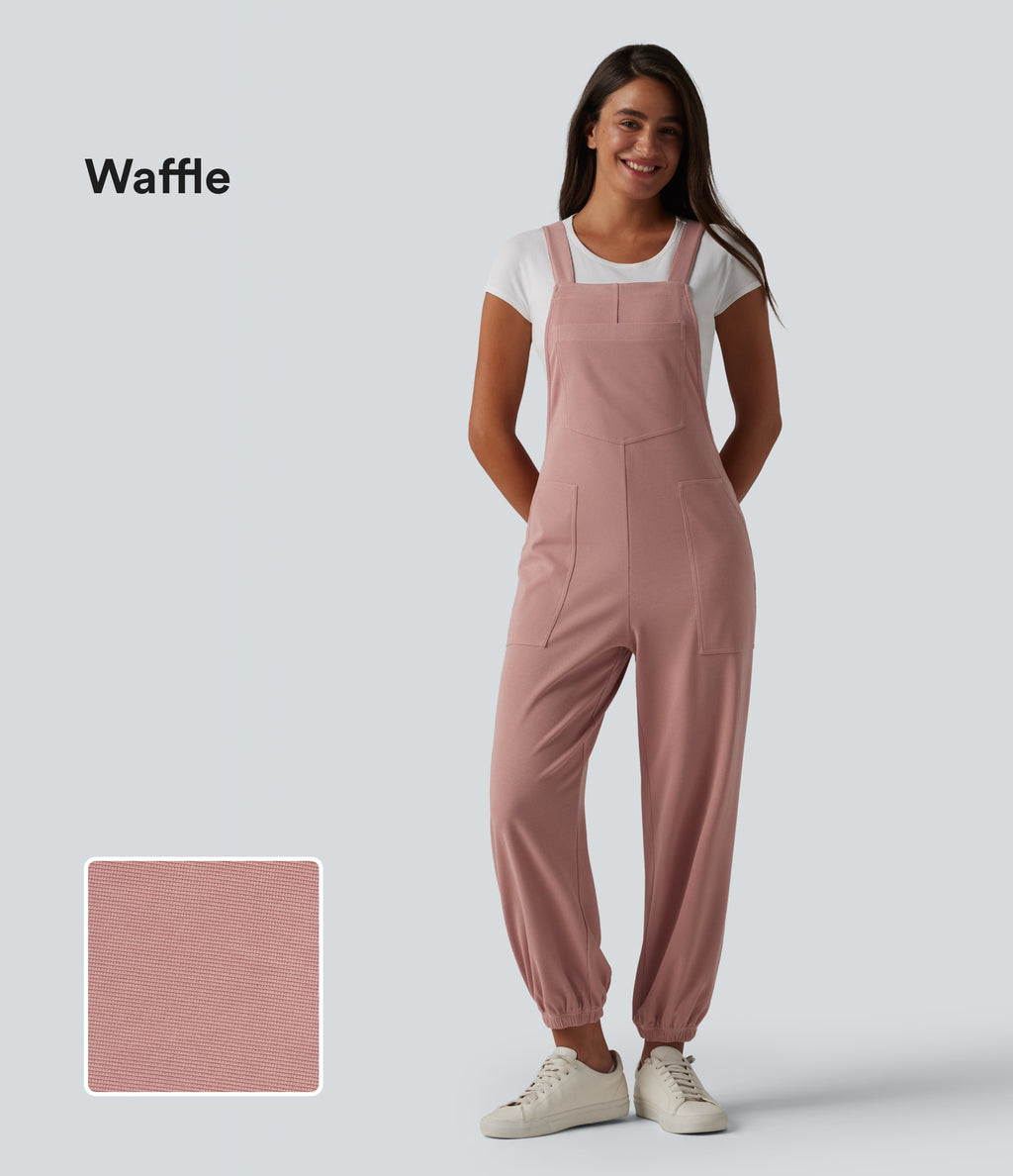 Square Neck Waffle Casual Tapered Dungarees with Pockets — Ash Rose — view 1