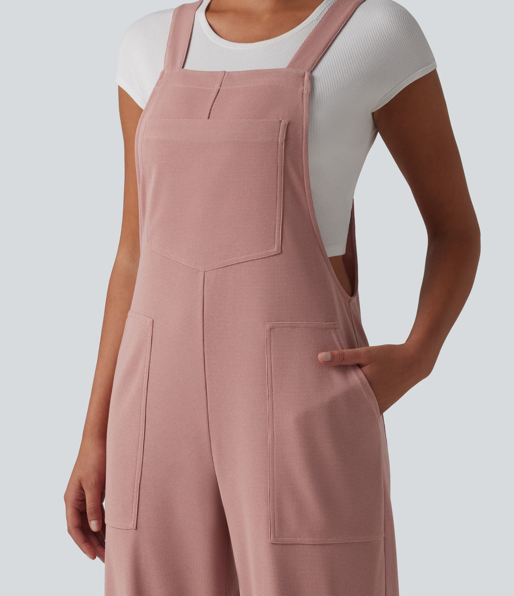 Square Neck Waffle Casual Tapered Dungarees with Pockets — Ash Rose — view 4