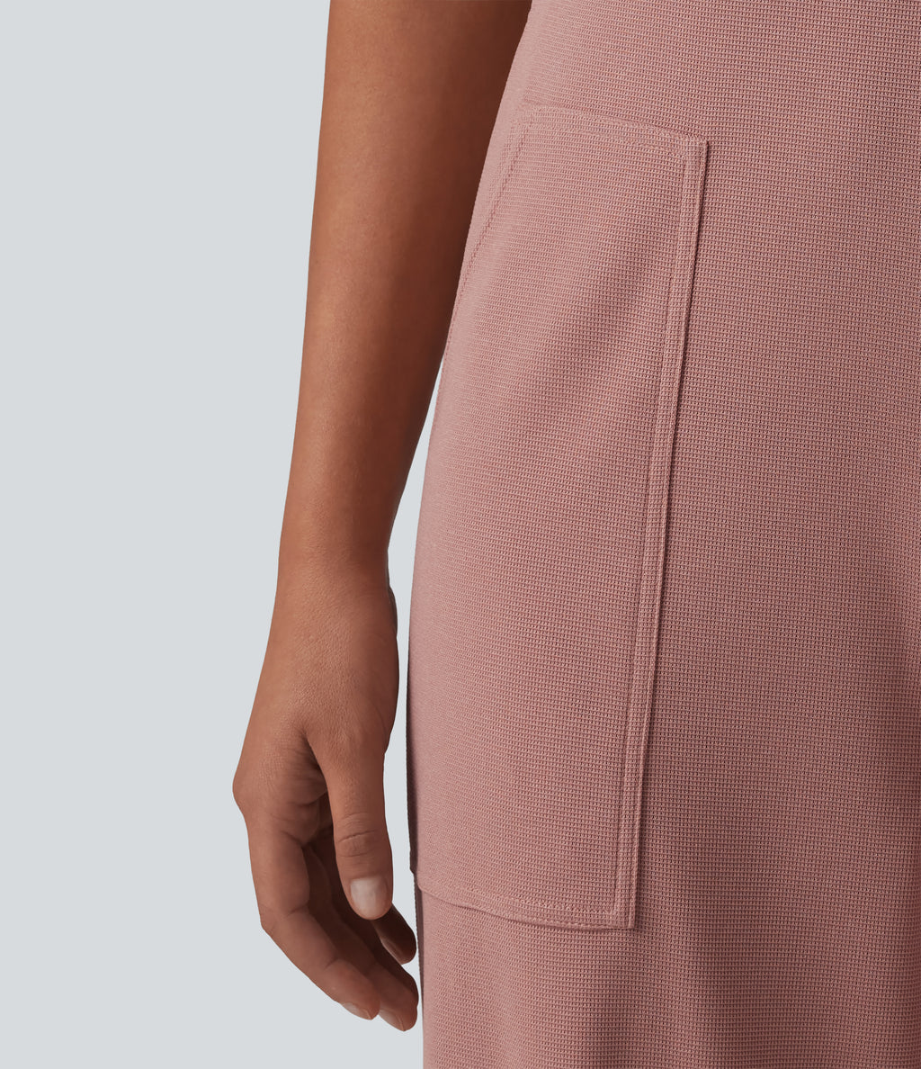 Square Neck Waffle Casual Tapered Dungarees with Pockets — Ash Rose — view 6