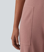 Square Neck Waffle Casual Tapered Dungarees with Pockets — Ash Rose — view 6