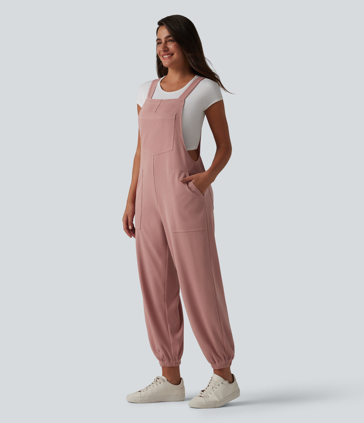 Square Neck Waffle Casual Tapered Dungarees with Pockets — Ash Rose — view 3