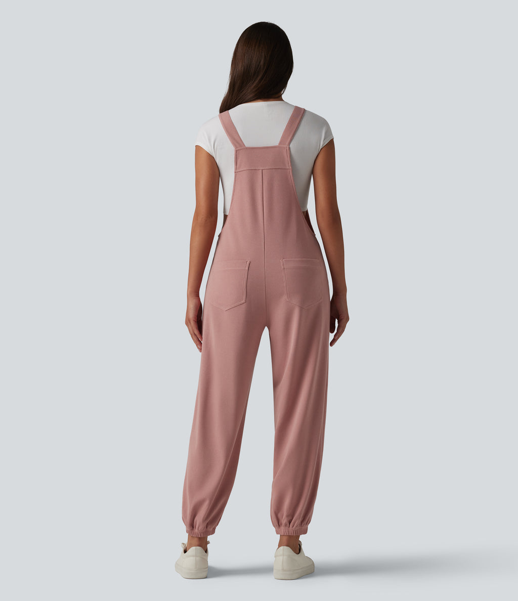Square Neck Waffle Casual Tapered Dungarees with Pockets — Ash Rose — view 2