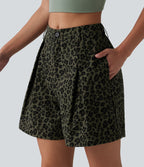 Mid Rise Leopard Print Casual Baggy Shorts 5'' with Pockets — Olive Leopard — view 4