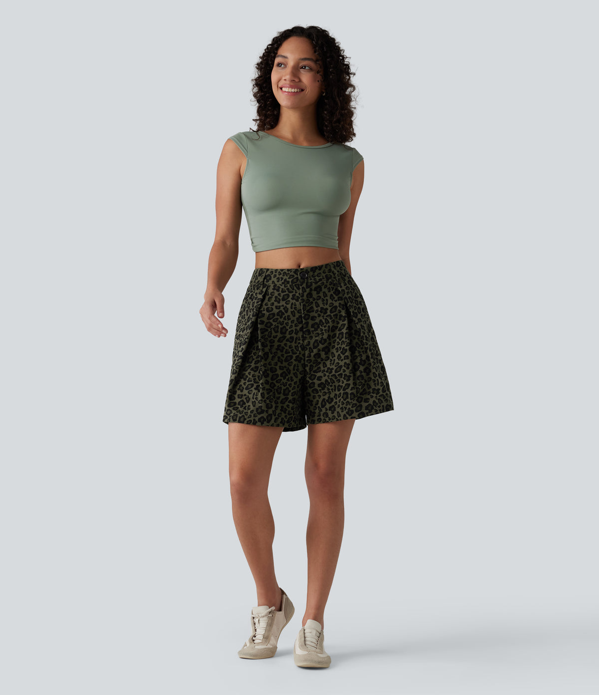 Mid Rise Leopard Print Casual Baggy Shorts 5'' with Pockets — Olive Leopard — view 6