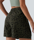 Mid Rise Leopard Print Casual Baggy Shorts 5'' with Pockets — Olive Leopard — view 5