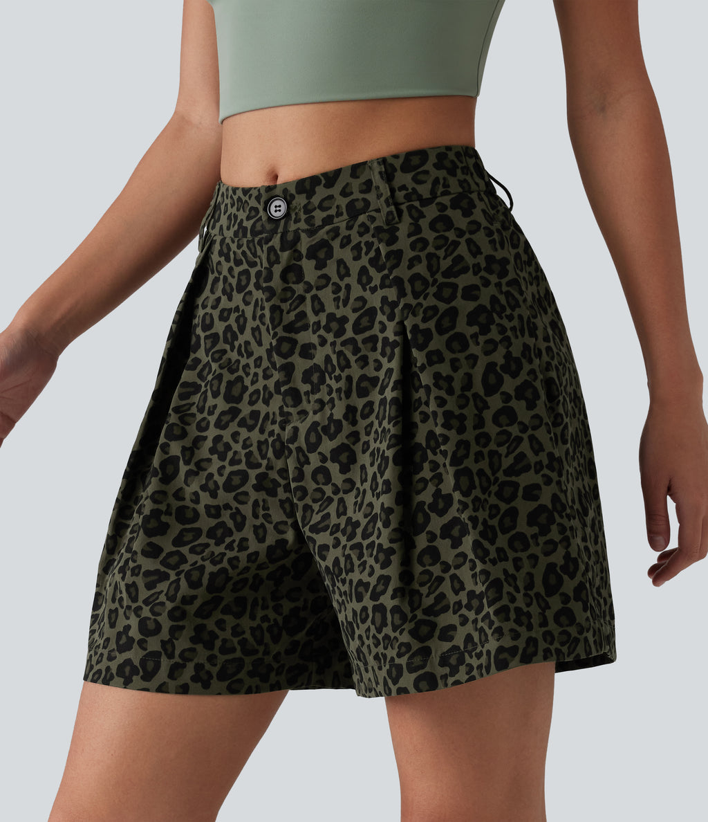 Mid Rise Leopard Print Casual Baggy Shorts 5'' with Pockets — Olive Leopard — view 3