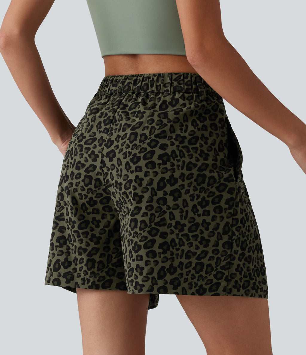 Mid Rise Leopard Print Casual Baggy Shorts 5'' with Pockets — Olive Leopard — view 2