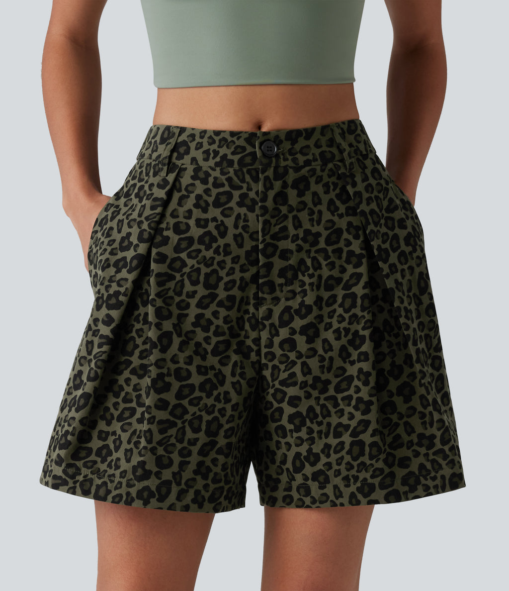 Mid Rise Leopard Print Casual Baggy Shorts 5'' with Pockets — Olive Leopard — view 1