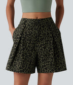 Mid Rise Leopard Print Casual Baggy Shorts 5'' with Pockets — Olive Leopard — view 1