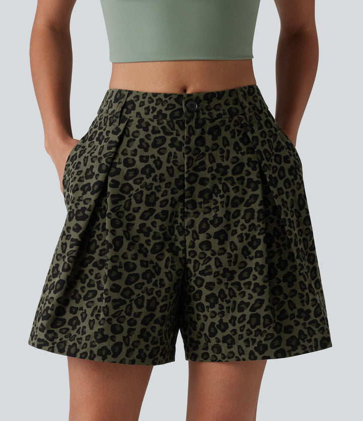 Mid Rise Leopard Print Casual Baggy Shorts 5'' with Pockets — Olive Leopard — view 1