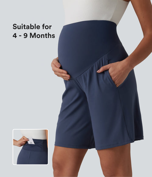 Airy Super High Waisted InstantCool Yoga Bermuda Maternity Shorts with Pockets — Mood Indigo — view 1