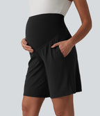 Airy Super High Waisted InstantCool Yoga Bermuda Maternity Shorts with Pockets — Black — view 6