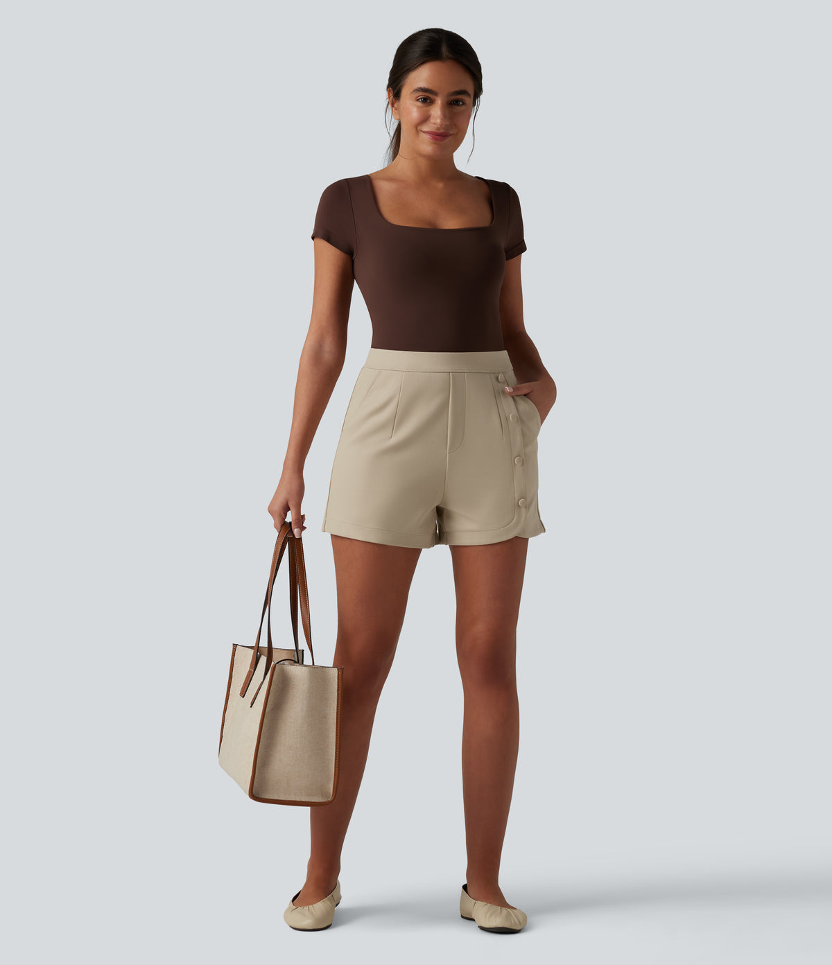 High Waisted Work Shorts 3'' with Pockets — Brown Rice — view 6