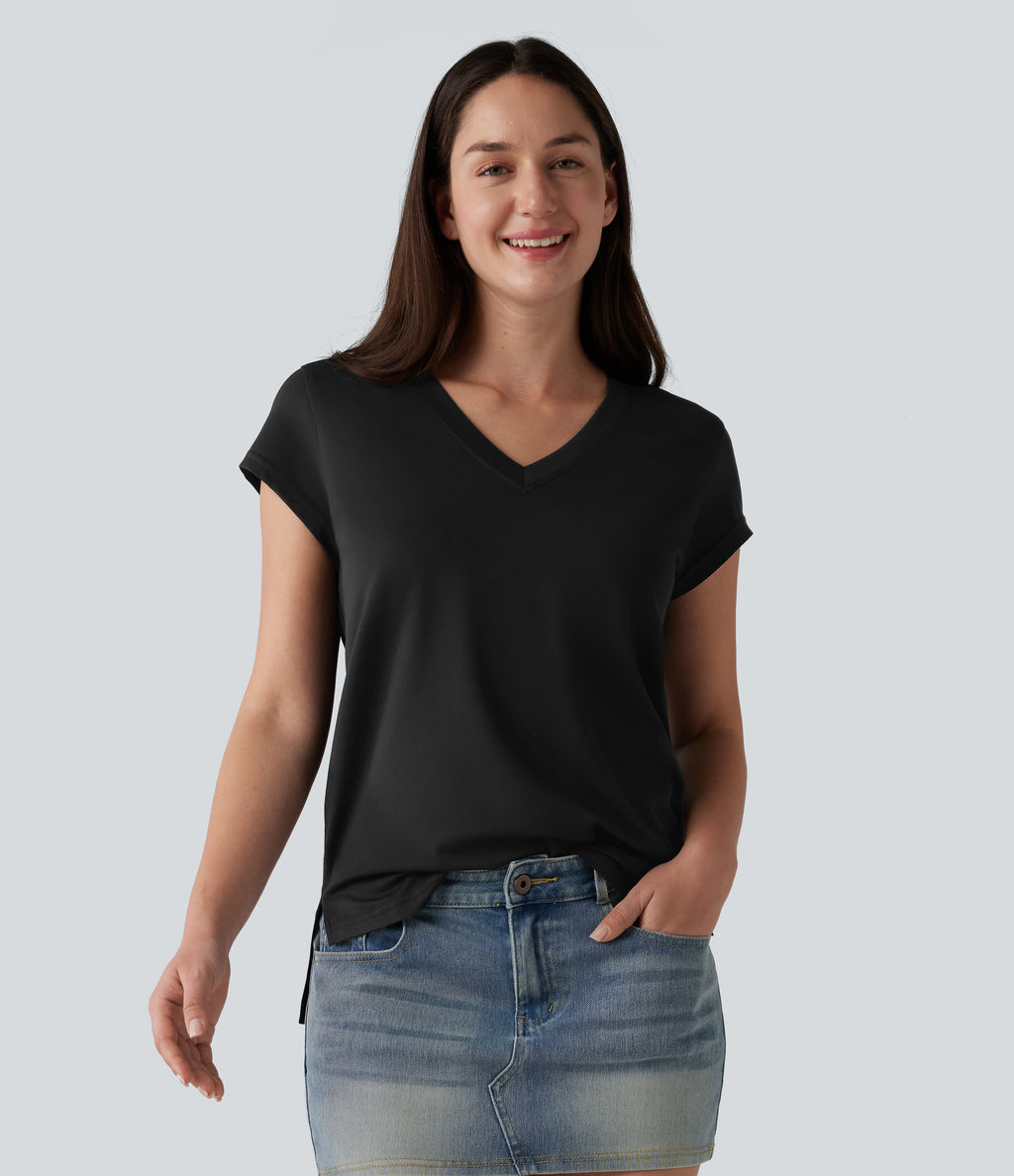 V Neck Short Sleeve Casual T-Shirt — Black — view 1