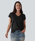 V Neck Short Sleeve Casual T-Shirt — Black — view 1