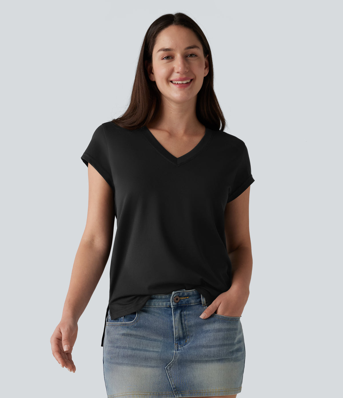 V Neck Short Sleeve Casual T-Shirt — Black — view 1