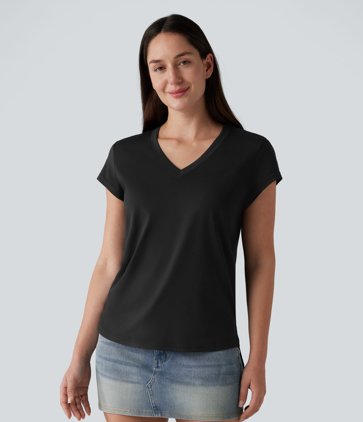V Neck Short Sleeve Casual T-Shirt — Black — view 4