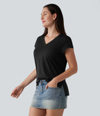 V Neck Short Sleeve Casual T-Shirt — Black — view 3