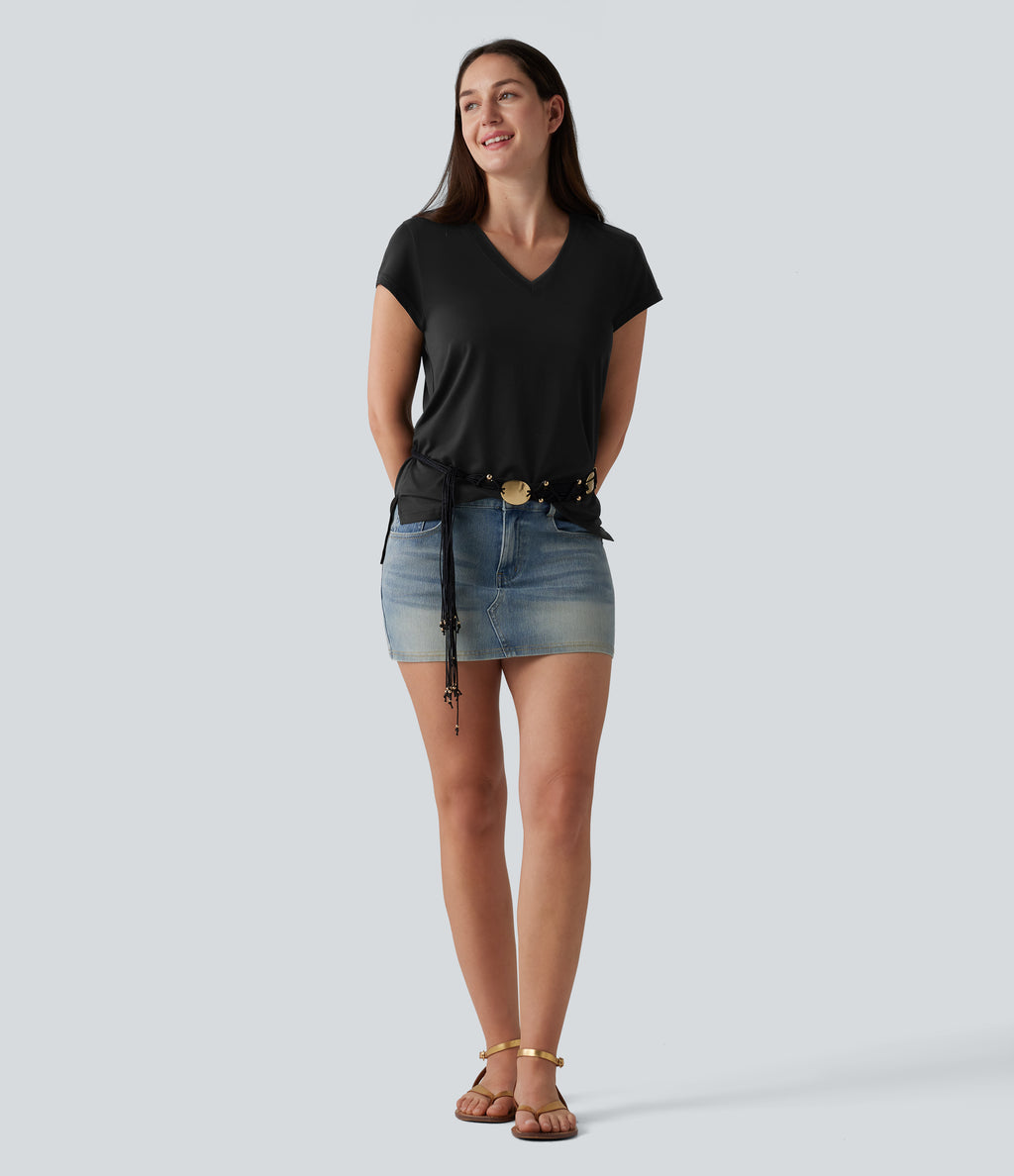 V Neck Short Sleeve Casual T-Shirt — Black — view 6