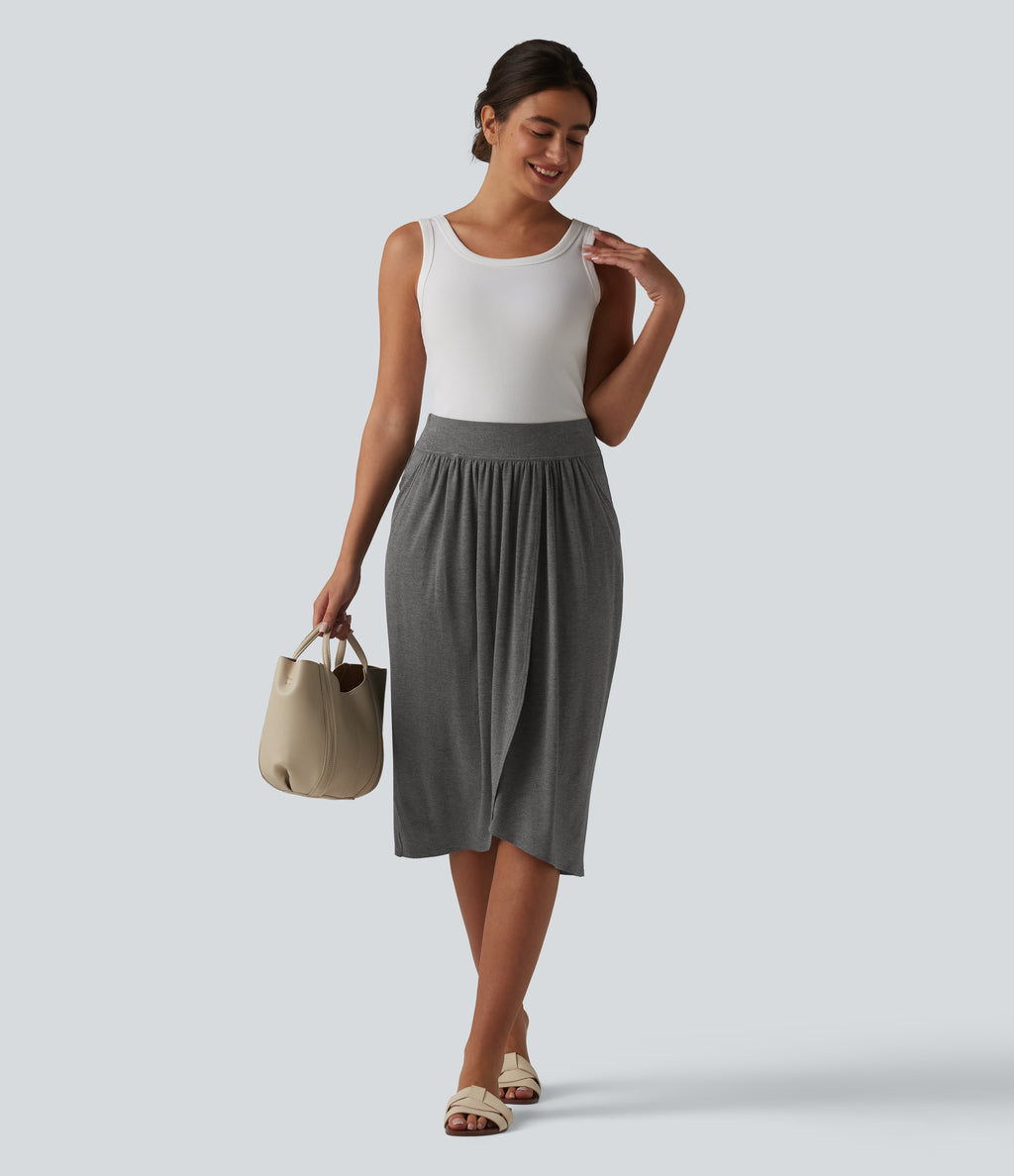 High Waisted Tulip Hem Midi Casual Skirt with Pockets — Darl Gray Floral Yarn — view 5