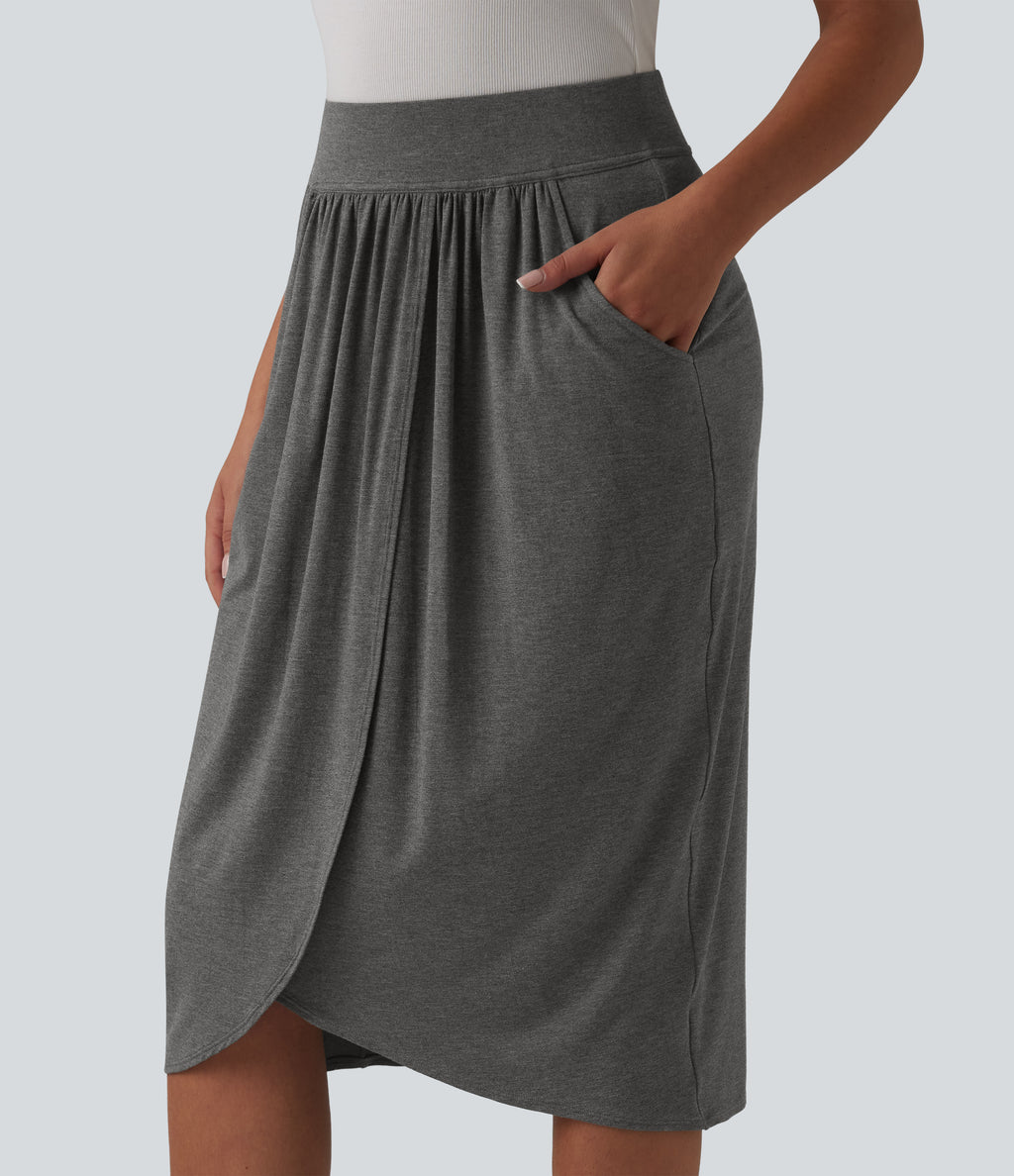 High Waisted Tulip Hem Midi Casual Skirt with Pockets — Darl Gray Floral Yarn — view 4