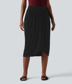 High Waisted Tulip Hem Midi Casual Skirt with Pockets — Black — view 6