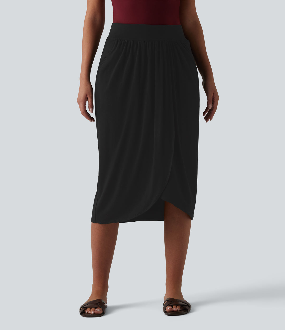 High Waisted Tulip Hem Midi Casual Skirt with Pockets — Black — view 6