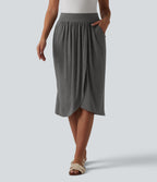 High Waisted Tulip Hem Midi Casual Skirt with Pockets — Darl Gray Floral Yarn — view 1