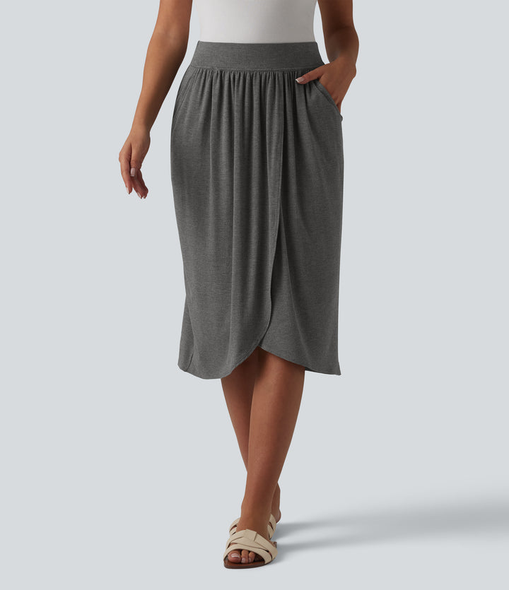 High Waisted Tulip Hem Midi Casual Skirt with Pockets — Darl Gray Floral Yarn — view 1