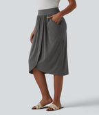 High Waisted Tulip Hem Midi Casual Skirt with Pockets — Darl Gray Floral Yarn — view 3