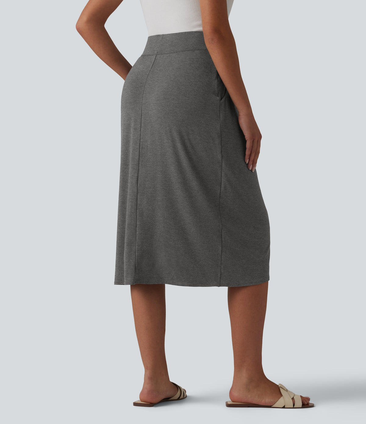 High Waisted Tulip Hem Midi Casual Skirt with Pockets — Darl Gray Floral Yarn — view 2