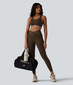 Low Support U Neck Built-in Bra Racerback Color Block Workout Sports Bra — Flamewood Brown — view 7
