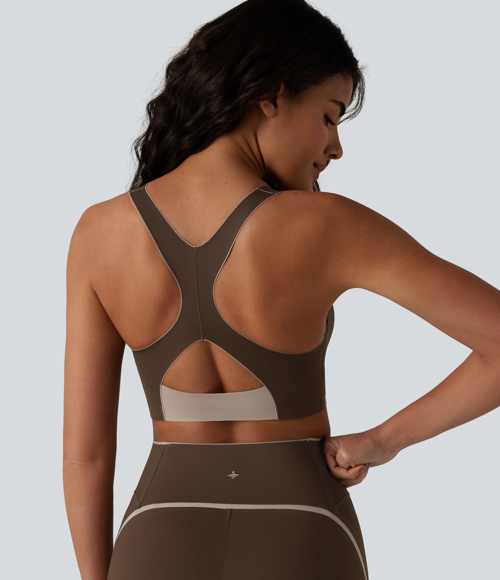 Low Support U Neck Built-in Bra Racerback Color Block Workout Sports Bra — Flamewood Brown — view 6
