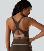 Low Support U Neck Built-in Bra Racerback Color Block Workout Sports Bra — Flamewood Brown — view 6
