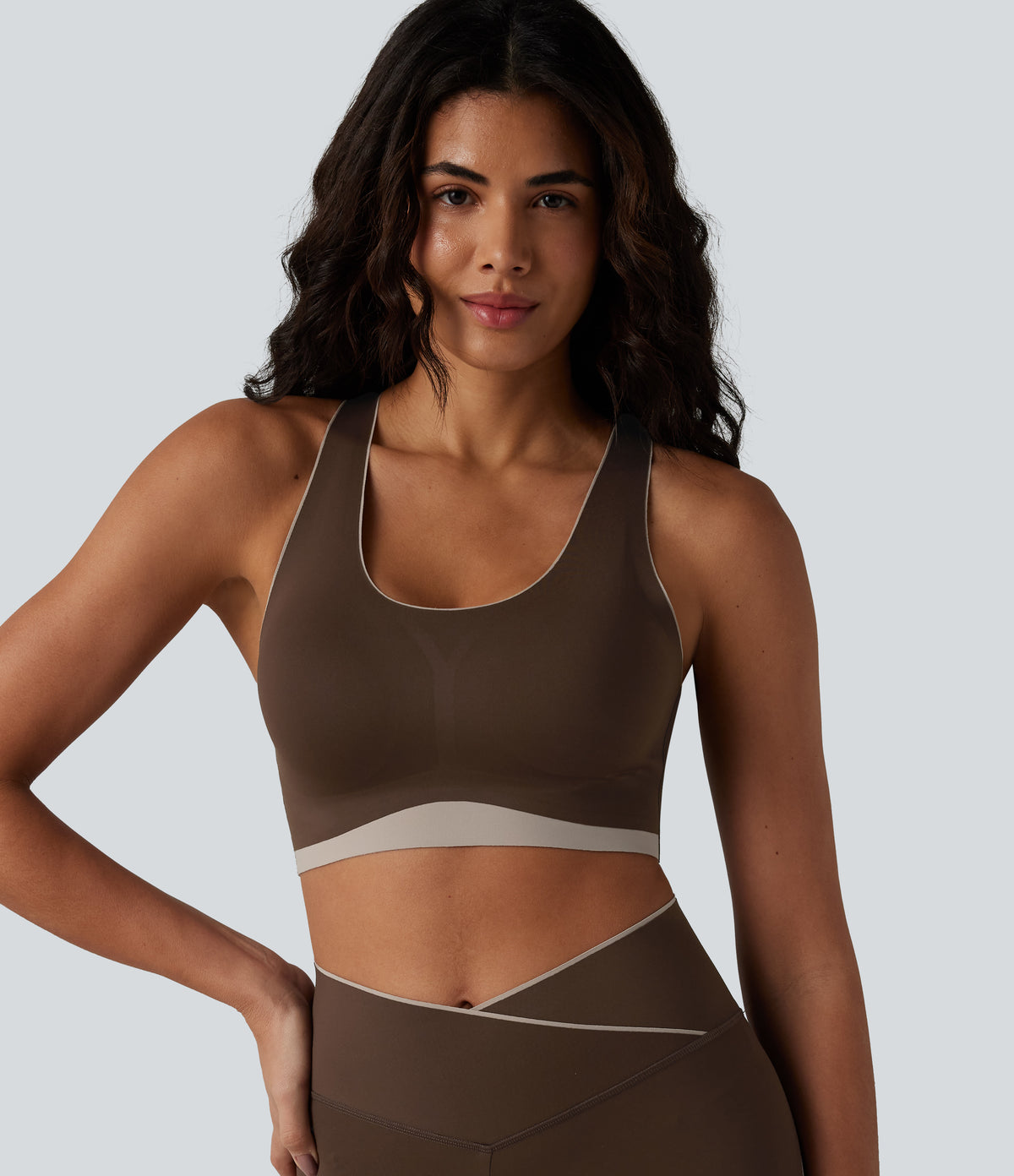 Low Support U Neck Built-in Bra Racerback Color Block Workout Sports Bra — Flamewood Brown — view 1