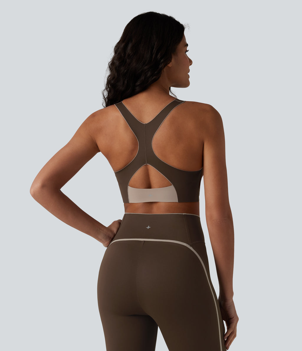 Low Support U Neck Built-in Bra Racerback Color Block Workout Sports Bra — Flamewood Brown — view 2