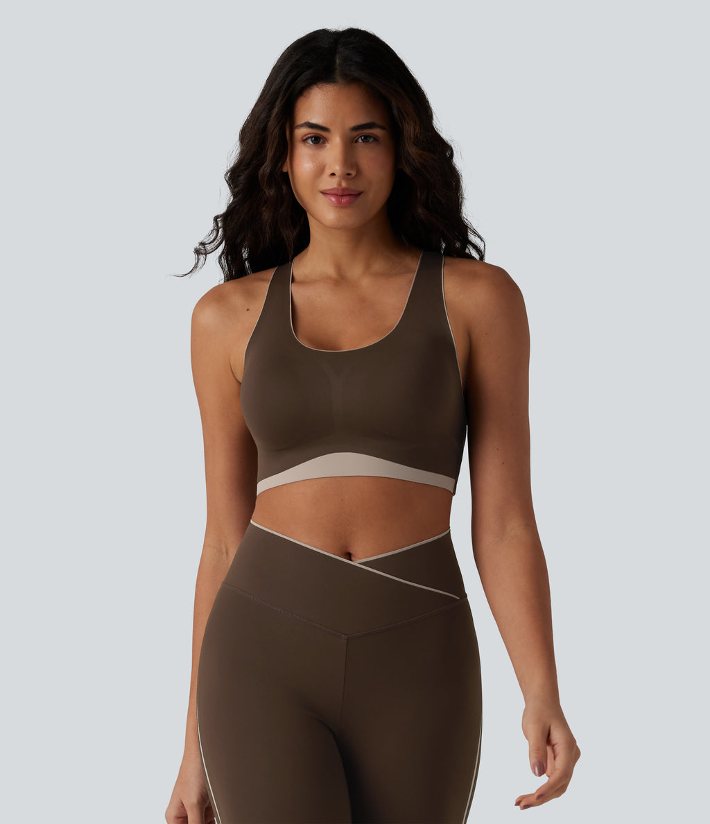 Low Support U Neck Built-in Bra Racerback Color Block Workout Sports Bra — Flamewood Brown — view 4