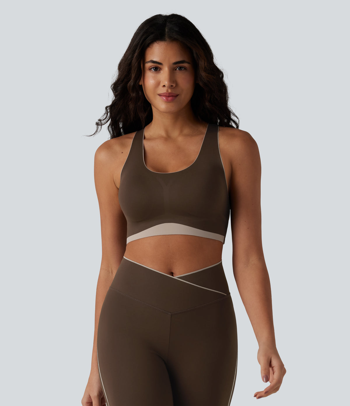 Low Support U Neck Built-in Bra Racerback Color Block Workout Sports Bra — Flamewood Brown — view 4
