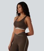 Low Support U Neck Built-in Bra Racerback Color Block Workout Sports Bra — Flamewood Brown — view 3