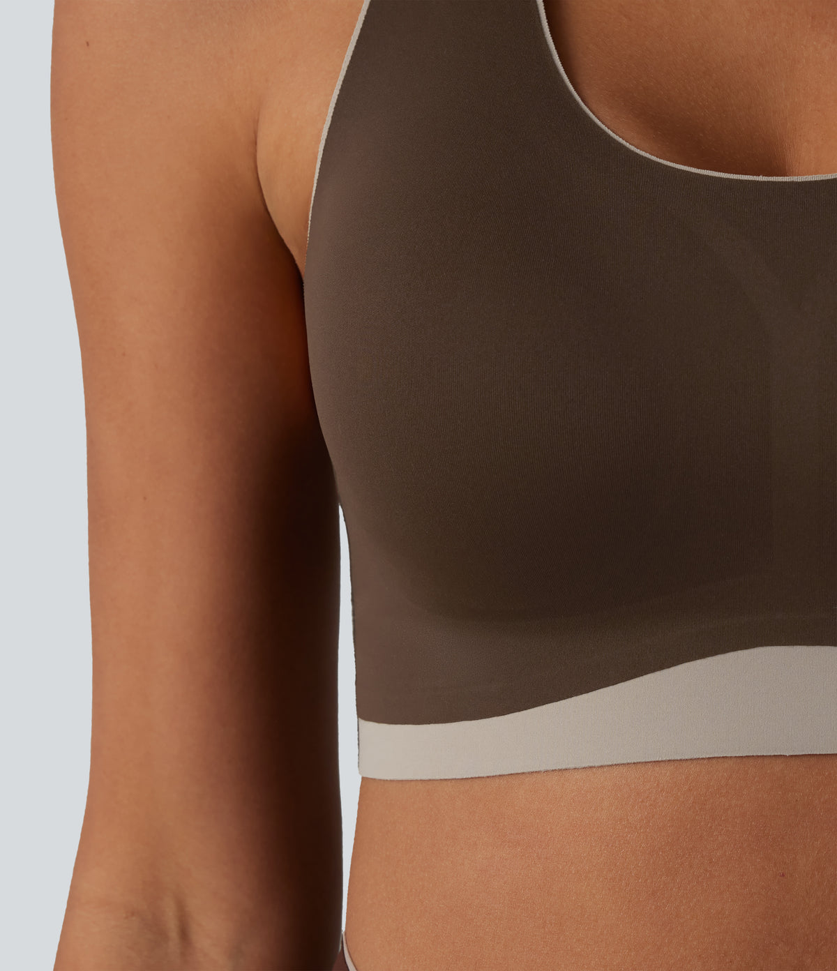 Low Support U Neck Built-in Bra Racerback Color Block Workout Sports Bra — Flamewood Brown — view 5