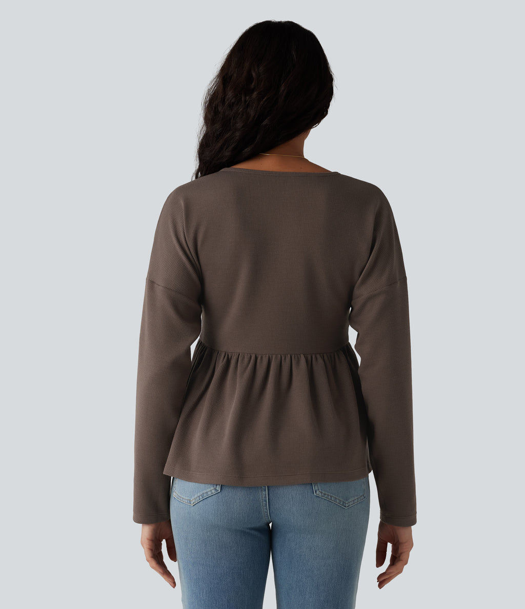 Henley Long Sleeve Waffle Casual Babydoll Top — Canteen — view 2
