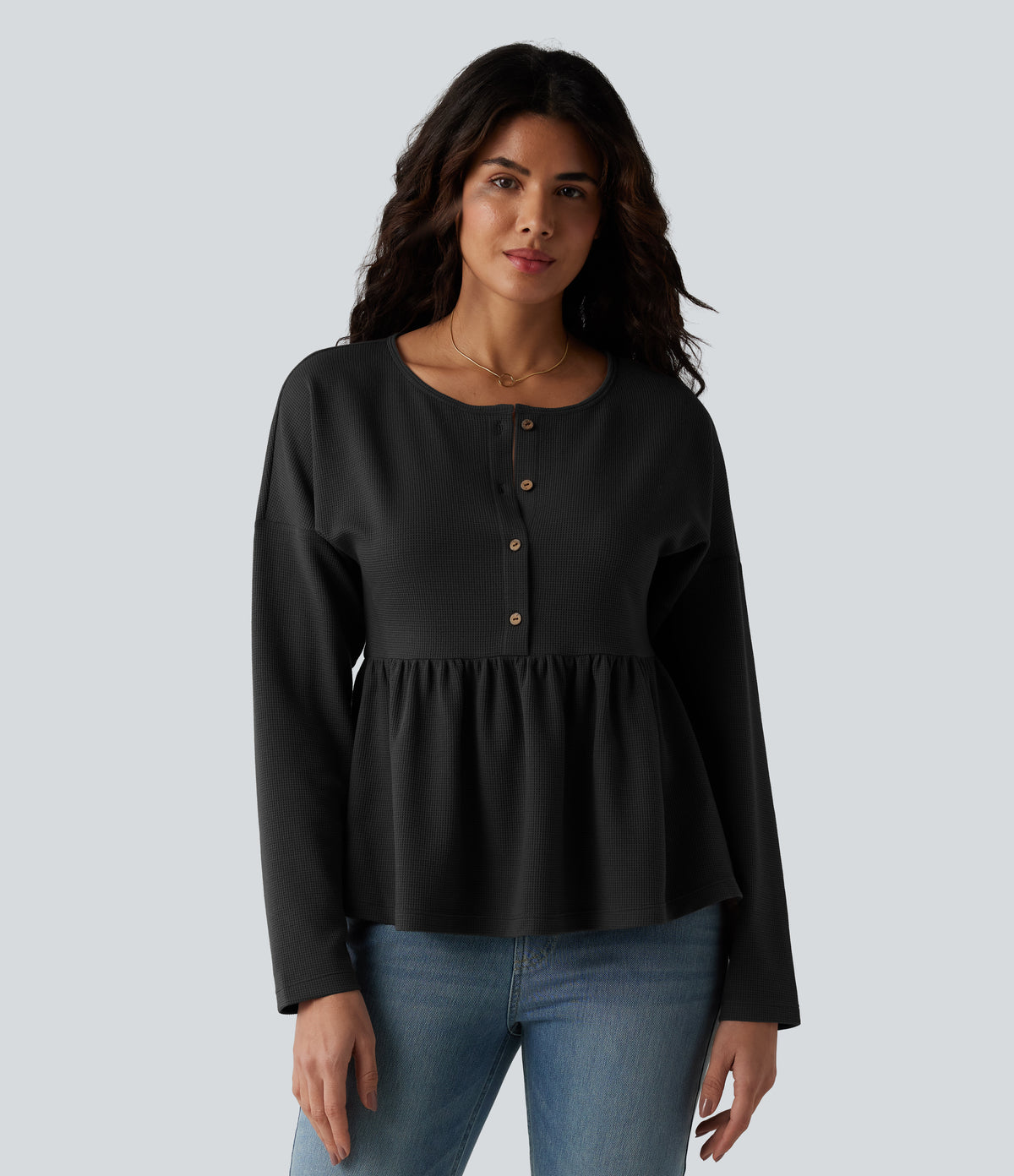 Henley Long Sleeve Waffle Casual Babydoll Top — Black — view 6
