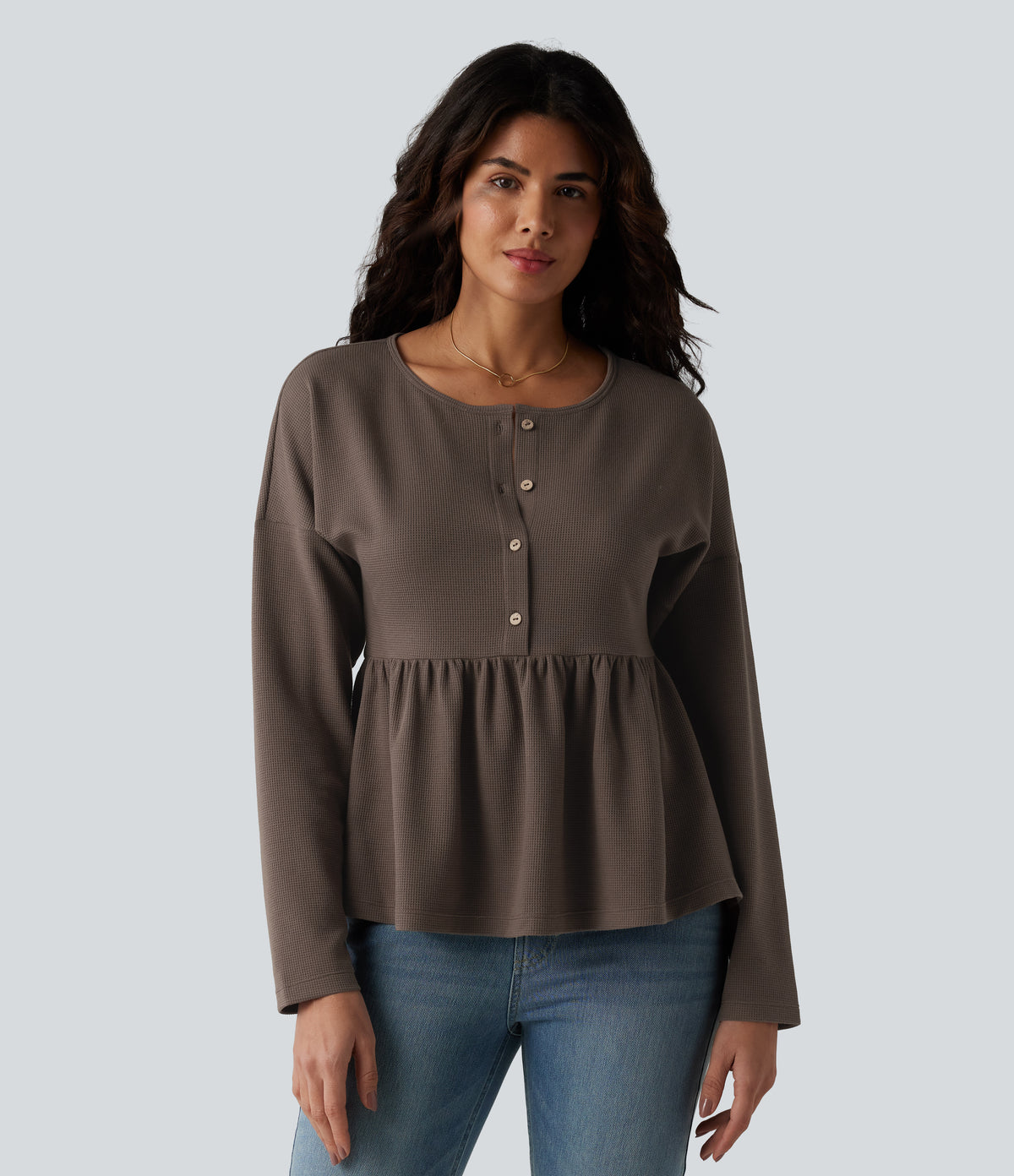 Henley Long Sleeve Waffle Casual Babydoll Top — Canteen — view 1