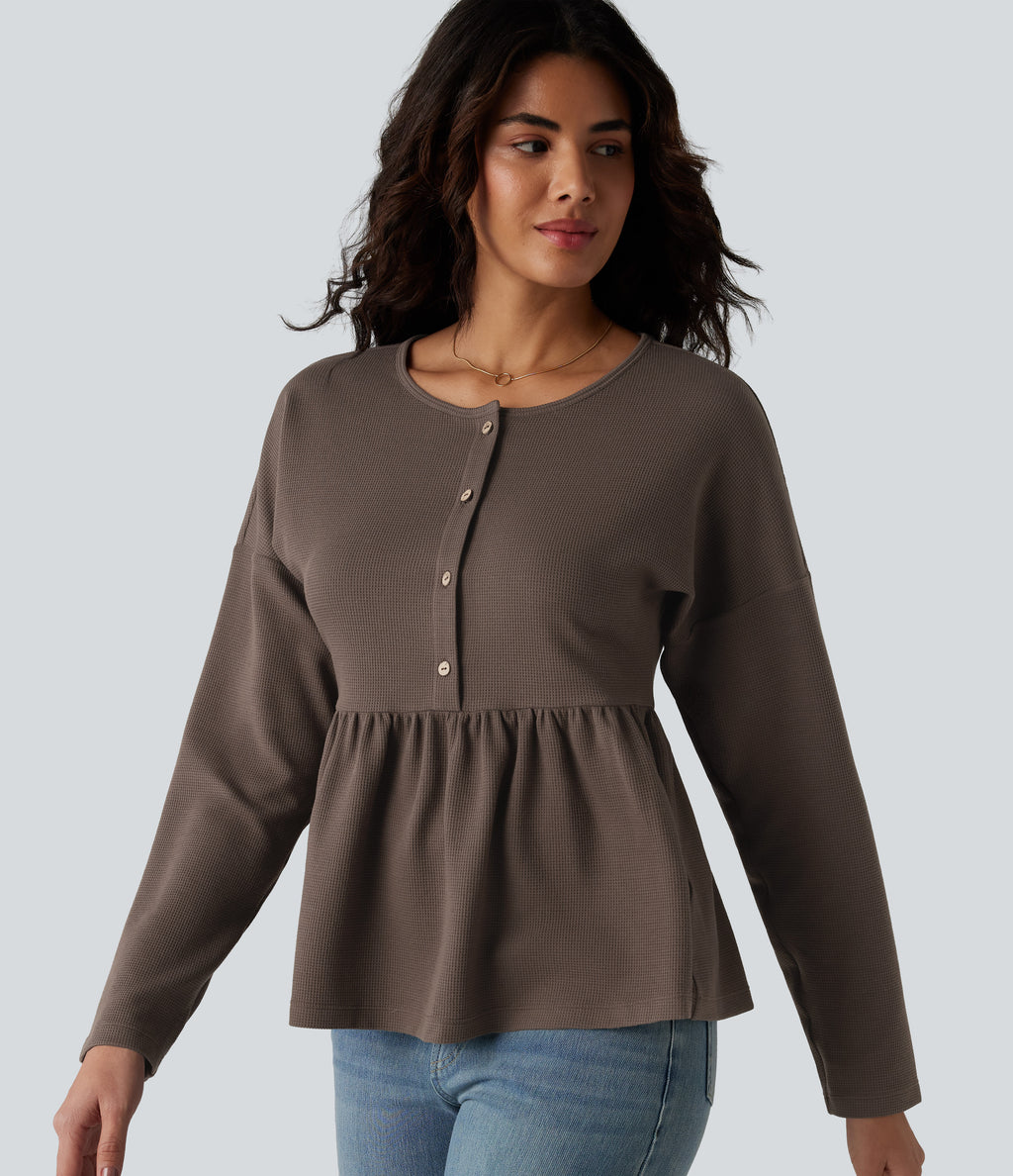 Henley Long Sleeve Waffle Casual Babydoll Top — Canteen — view 4