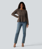 Henley Long Sleeve Waffle Casual Babydoll Top — Canteen — view 5