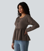 Henley Long Sleeve Waffle Casual Babydoll Top — Canteen — view 3